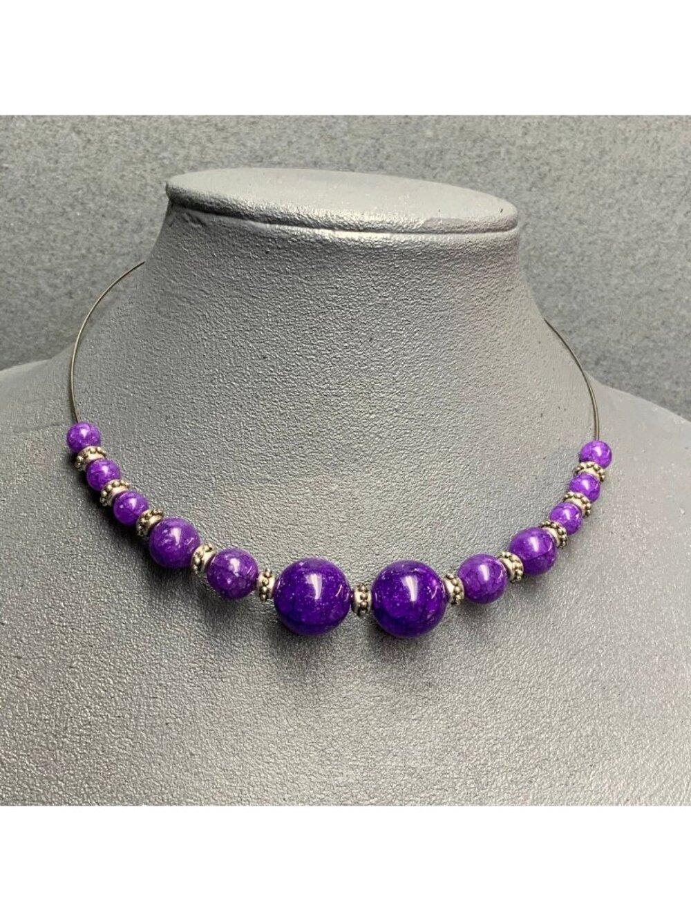 Speckled Bead Necklace 16 In Purple Graduated Bumpy Silver Spacers Retro Vintage